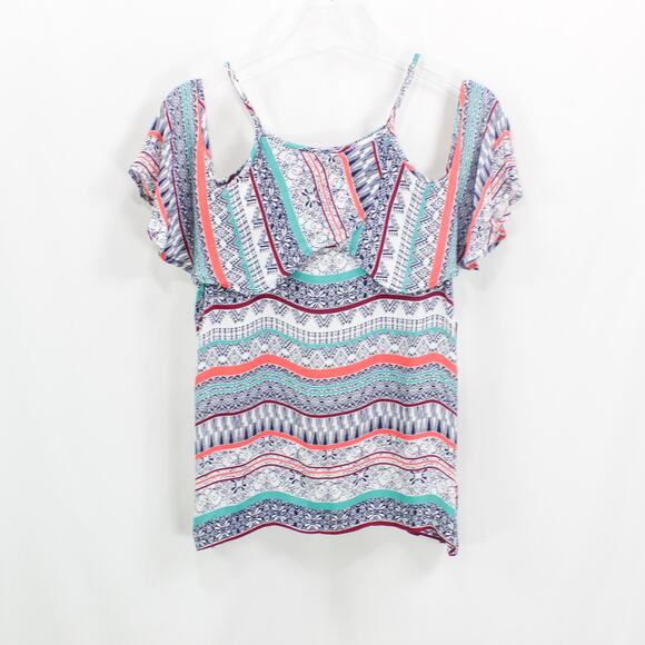 ELLA MOSS Blue Coral Cold Shoulder Boho Medallion Blouse - Picture 2 of 10